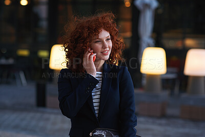 Buy stock photo Phone call, night and woman in city, talking and digital app for communication, internet and listen. Evening, professional and person in street, cellphone and connection for chatting and discussion