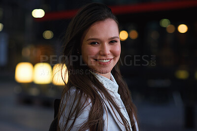 Buy stock photo Happy woman, portrait and night with confidence for business travel or job opportunity in city. Female person, employee or traveler with smile on bokeh in late evening for career development or trip