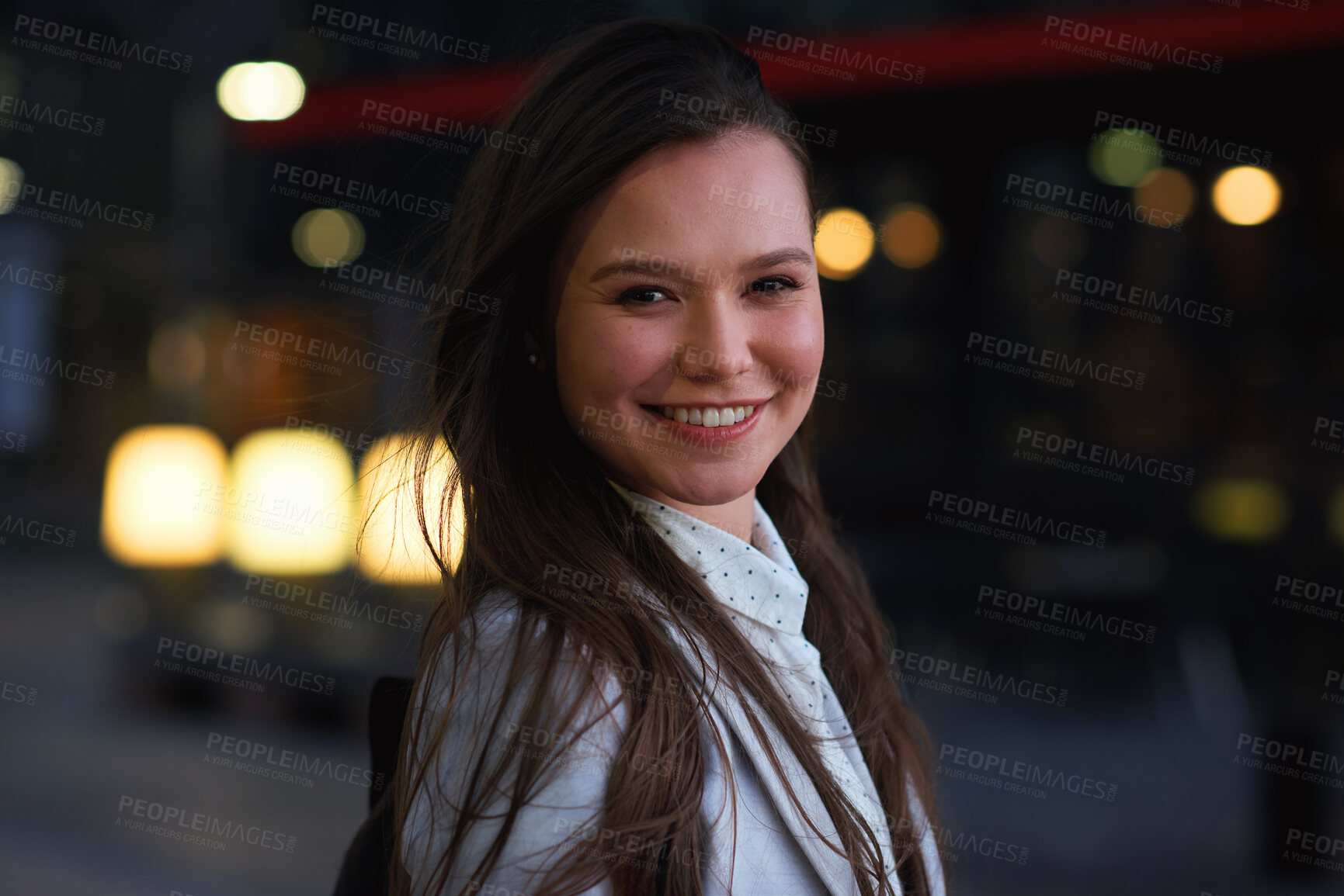 Buy stock photo Happy woman, portrait and night with confidence for business travel or job opportunity in city. Female person, employee or traveler with smile on bokeh in late evening for career development or trip