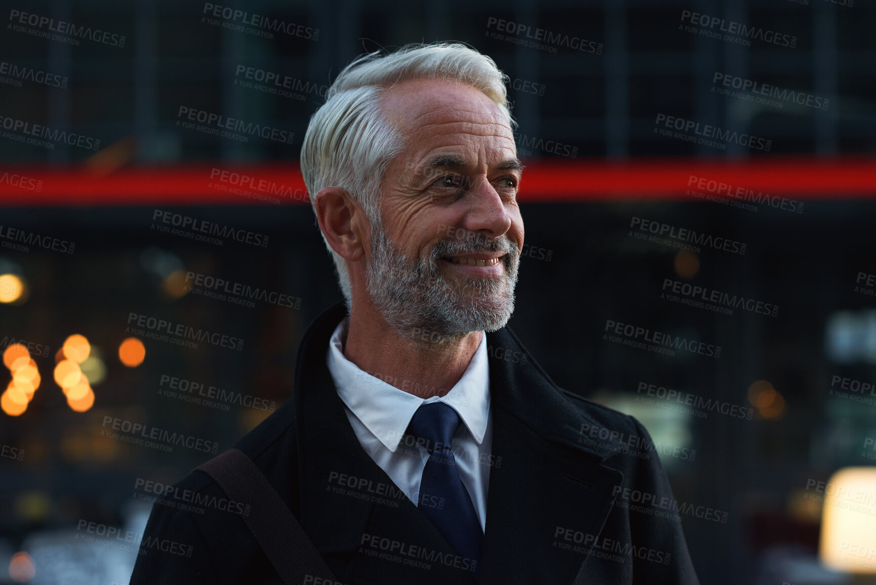 Buy stock photo Happy, businessman and thinking with pride in city, reflection and planning for investment at night. Outdoor, entrepreneur and person with smile for business growth, late and commute with decision