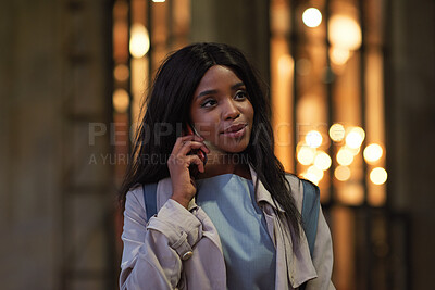 Buy stock photo Phone call, night and black woman in city, talking and digital app for communication. Outdoor, professional and African person in street, smartphone and connection for chatting, travel and discussion