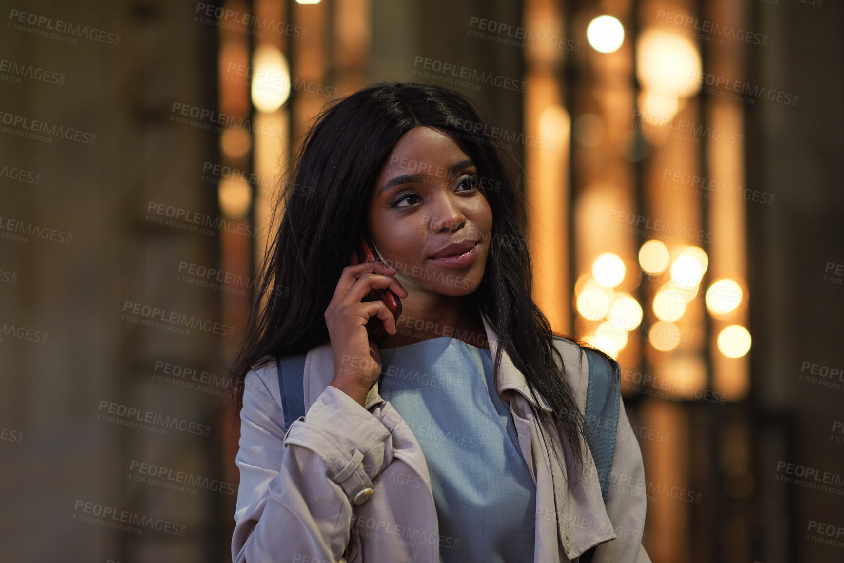 Buy stock photo Phone call, night and black woman in city, talking and digital app for communication. Outdoor, professional and African person in street, smartphone and connection for chatting, travel and discussion