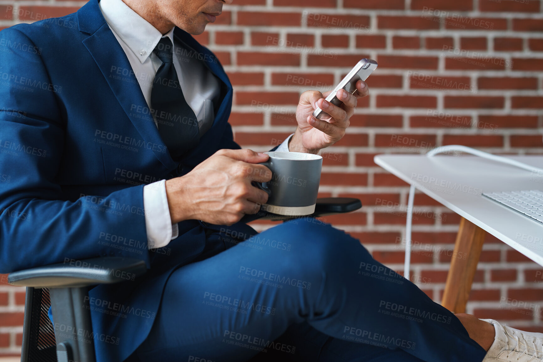 Buy stock photo Hands, investor and man in office, smartphone for online trading platform and coffee. Person, professional and financial advisor in workplace, espresso and cellphone for economy info and investment