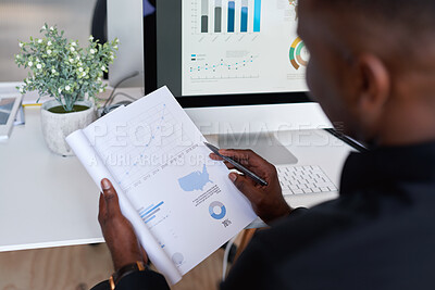 Buy stock photo Documents, business and man in office, charts for trading opportunity and economy analytics. Person, employee and financial advisor in workplace, report for international trade and graphs for revenue