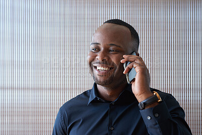 Buy stock photo Phone call, happy and black man in office for business chat, discussion and contact for feedback. Corporate, smile and person on smartphone for conversation, communication and networking in workplace