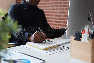 Buy stock photo Hands, writing and man in office, notebook for planning and schedule for article publication. Person, copywriting and journalist in workplace, deadline for column and news summary with creative ideas