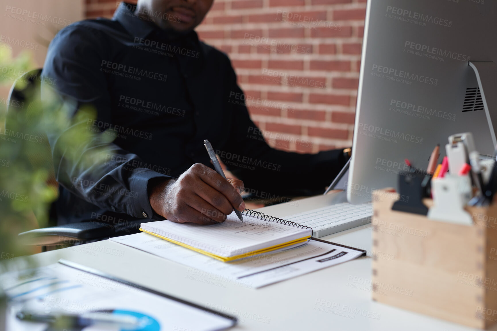 Buy stock photo Hands, writing and man in office, notebook for planning and schedule for article publication. Person, copywriting and journalist in workplace, deadline for column and news summary with creative ideas