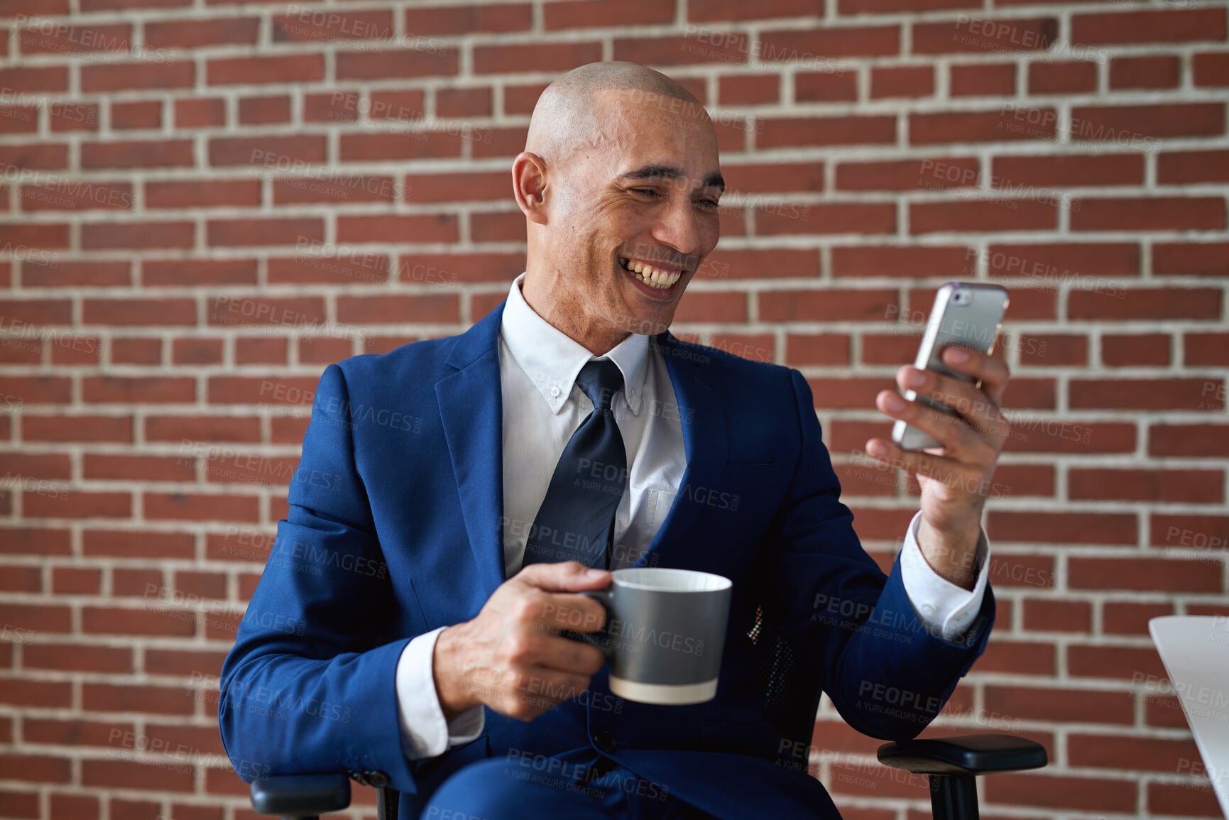 Buy stock photo Happy man, phone and coffee with texting in office with notification for proposal at investment company. Person, advisor and broker with smartphone, drink and contact on mobile app at finance agency