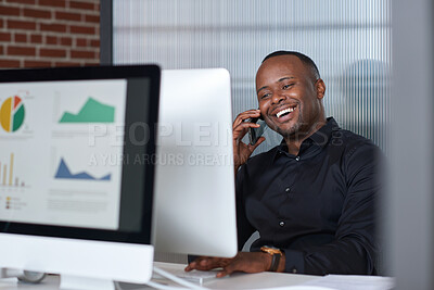 Buy stock photo Phone call, happy and black man on computer for business chat, discussion and finance consulting. Corporate, office and person on smartphone for conversation, communication and investment feedback