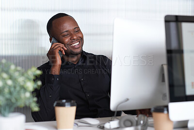 Buy stock photo Phone call, office and black man on computer for business chat, discussion and finance consulting. Corporate, happy and person on smartphone for conversation, communication and investment feedback