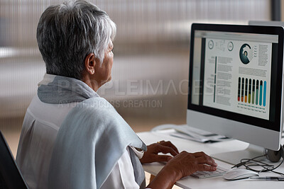 Buy stock photo Office, computer and business woman with graphs for financial analysis, statistics and investment. Corporate, manager and person with chart on screen for budget planning, audit and finance review