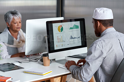 Buy stock photo Coworking, computer and business people in office with graphs for financial analysis, statistics and report. Corporate, screen and workers on tech with chart for finance, budget planning and proposal