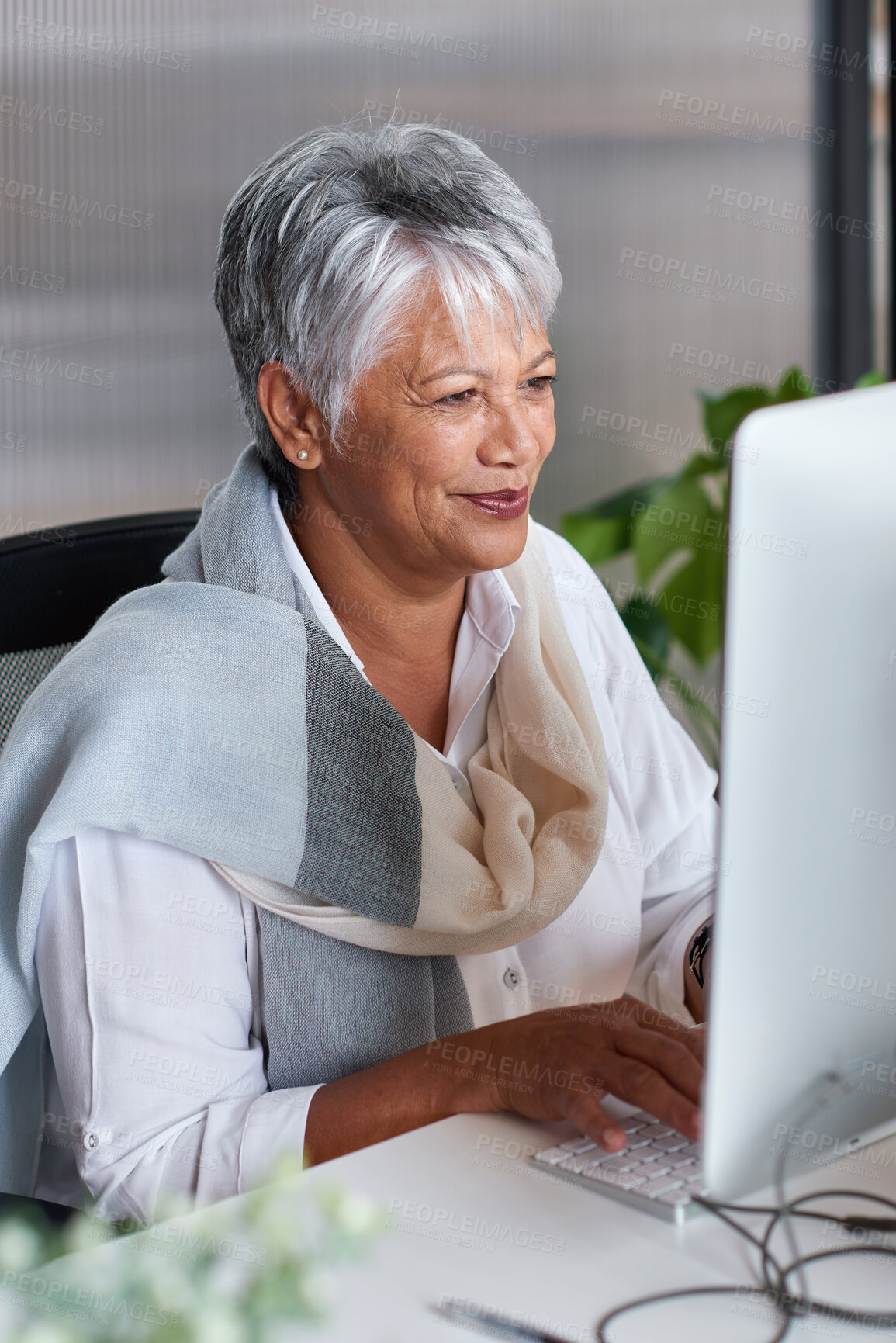 Buy stock photo Media agency, computer and woman in office, online reading for submission and magazine column. Mature person, copywriting and journalist in workplace, pc or email for news report and connection