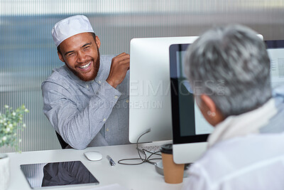 Buy stock photo Business people, smile and conversation in office, creative agency and advice for news report. Employees, professional and journalist with discussion, happiness and feedback for magazine column