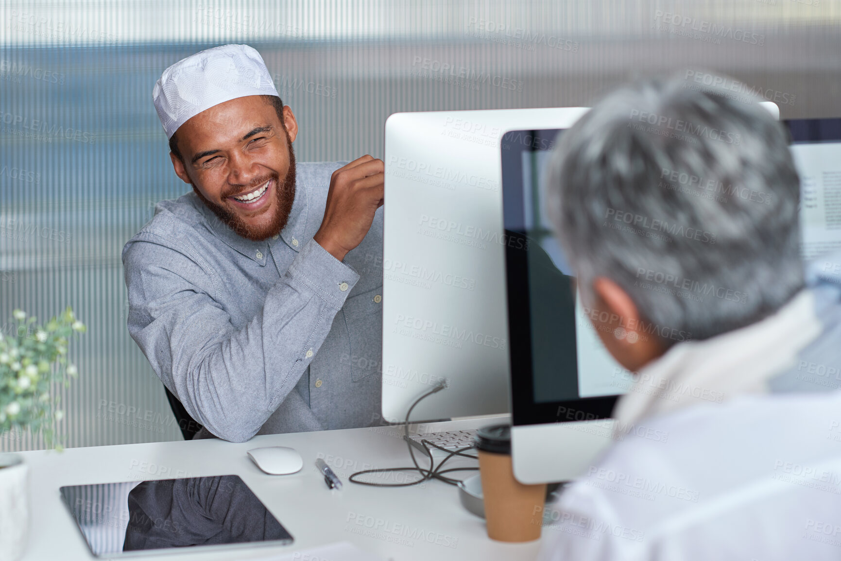 Buy stock photo Business people, smile and conversation in office, creative agency and advice for news report. Employees, professional and journalist with discussion, happiness and feedback for magazine column