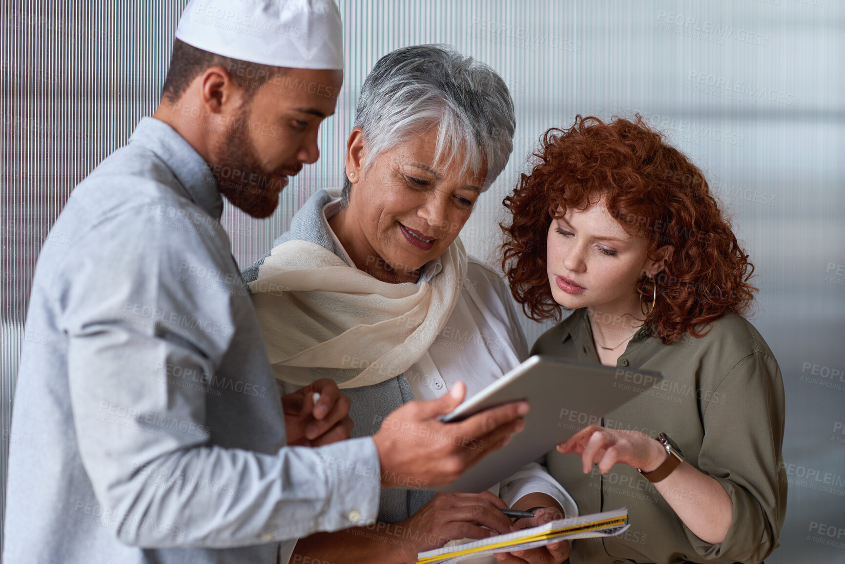 Buy stock photo Business, people and reading with tablet in office for research, planning and copywriting report. Team, meeting or digital with notebook for feedback, fact check and information for story publication