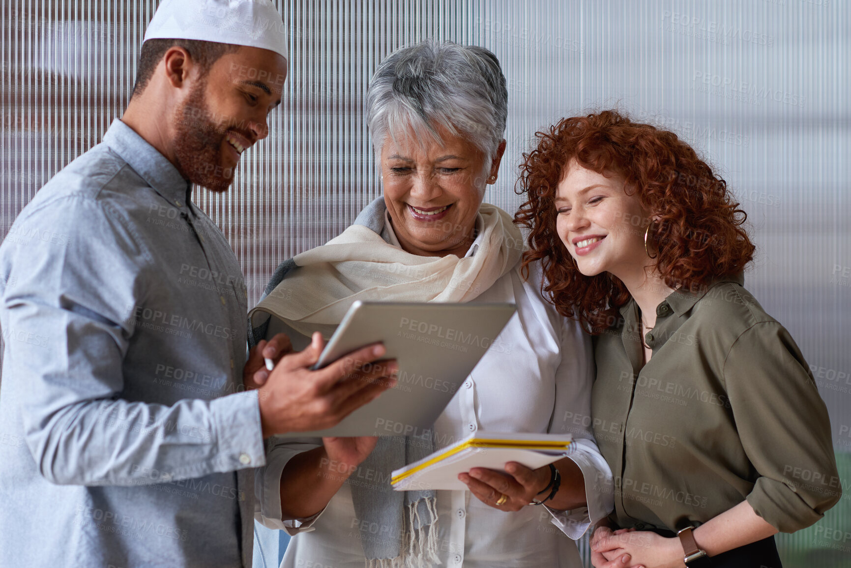 Buy stock photo Smile, business and people with tablet in office for research, planning and copywriting report. Team, laugh and digital with notebook for feedback, fact check and reminder notes for story publication