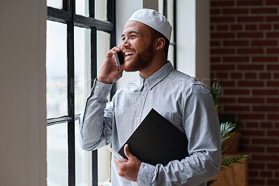 Buy stock photo Muslim man, phone call and happy at window in office with talk, contact or proposal at insurance company. Person, broker and smartphone with smile, feedback or consultation at risk management agency