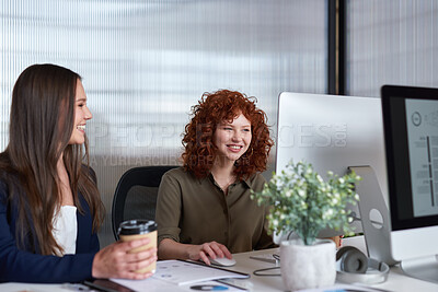 Buy stock photo Mentor, computer and women in office, help and support for investment portfolio. Employees, investor and trader in workplace, meeting for corporate training and coaching for business development