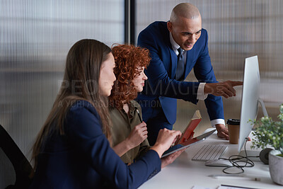 Buy stock photo Media agency, discussion and business people in office, computer for website publication and email. Planning, group and journalist in meeting, teamwork and pc for online submission and conversation