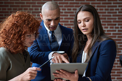 Buy stock photo Team, tablet and business people in lobby for meeting, finance report and project update. Corporate, office and workers on digital tech for online proposal, budget planning or financial review