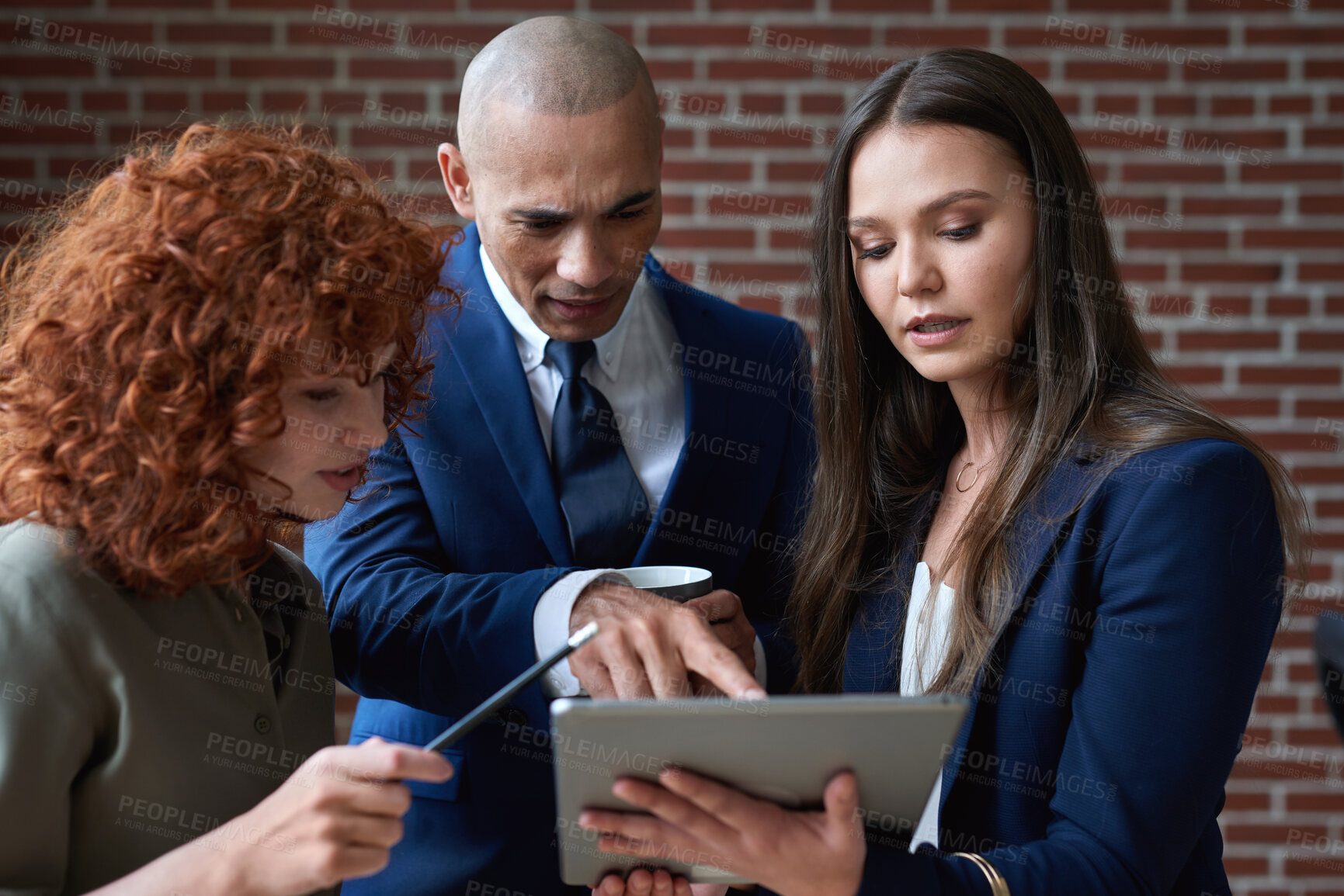 Buy stock photo Team, tablet and business people in lobby for meeting, finance report and project update. Corporate, office and workers on digital tech for online proposal, budget planning or financial review