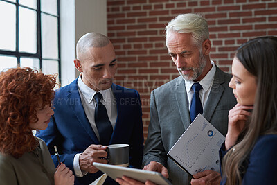 Buy stock photo Finance, tablet and business people with documents in lobby for meeting, financial report or feedback. Corporate, office and workers with manager on tech for online proposal, budget plan or review