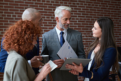 Buy stock photo Team, tablet and business people with manager for meeting, finance report and project update. Corporate, office and workers on tech for online proposal, budget planning or financial review in lobby