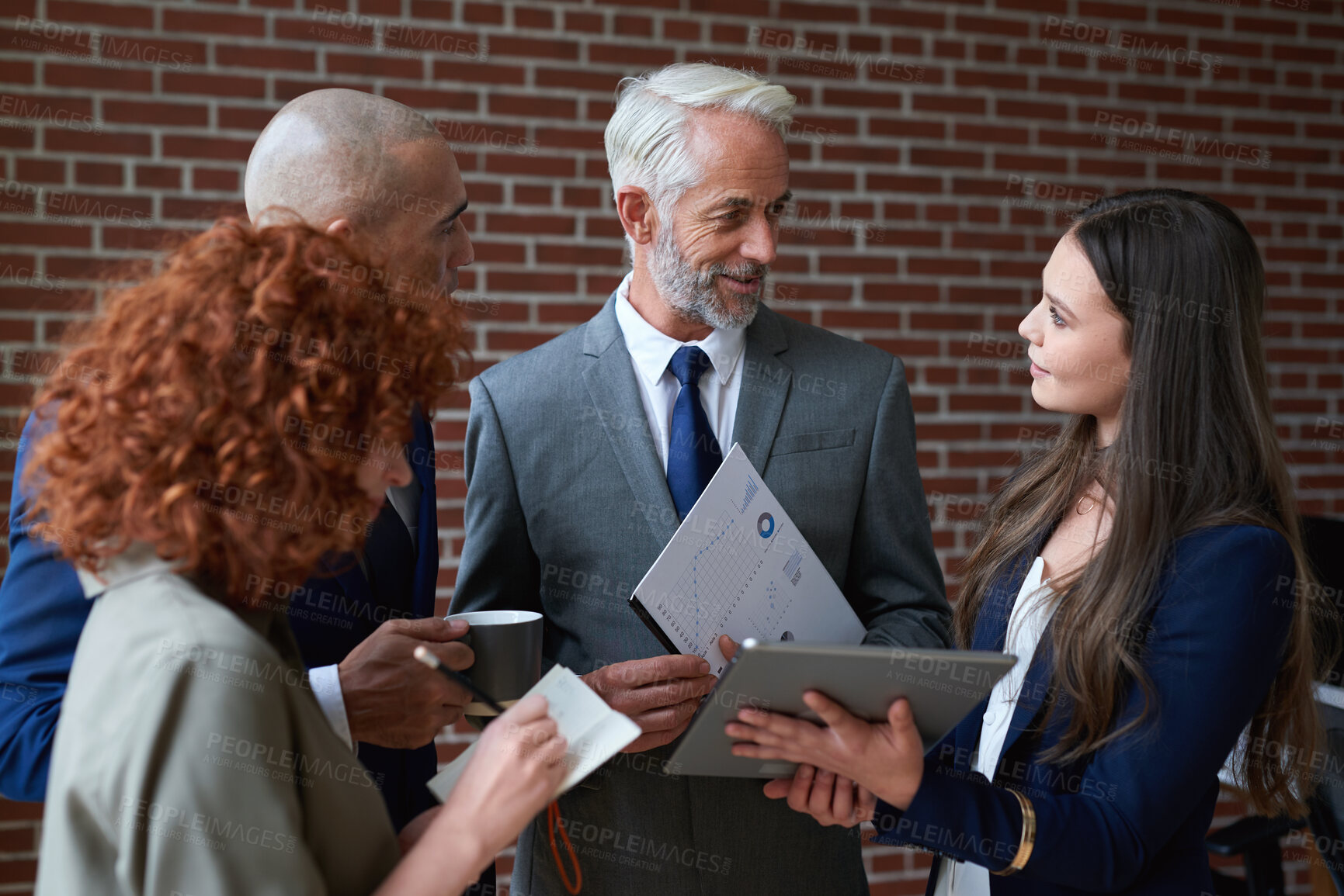 Buy stock photo Team, tablet and business people with manager for meeting, finance report and project update. Corporate, office and workers on tech for online proposal, budget planning or financial review in lobby