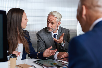 Buy stock photo Tablet, finance and business people in meeting with graphs for financial review, statistics and proposal. Corporate, team and workers on digital tech with chart for growth, budget planning and report