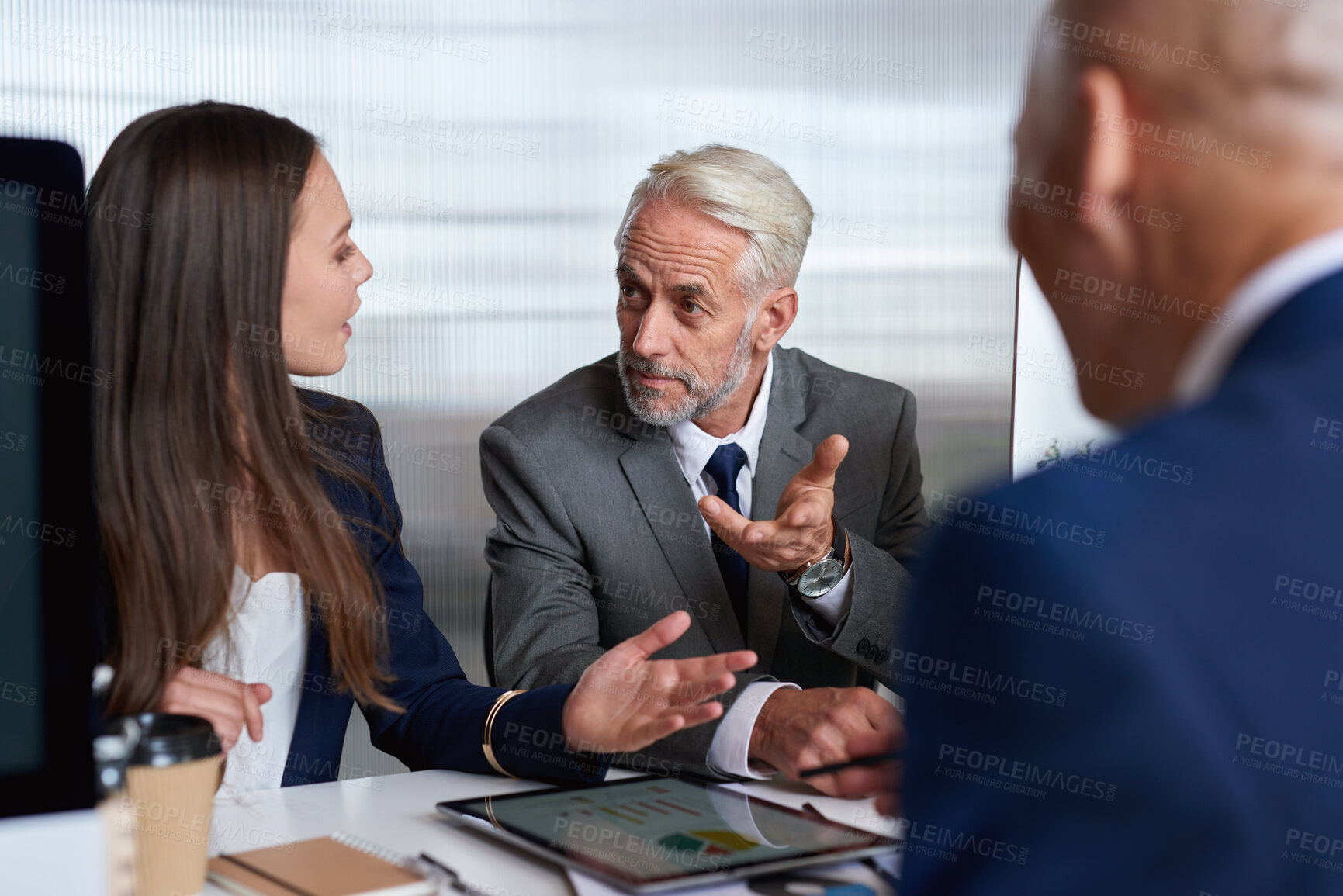 Buy stock photo Tablet, finance and business people in meeting with graphs for financial review, statistics and proposal. Corporate, team and workers on digital tech with chart for growth, budget planning and report