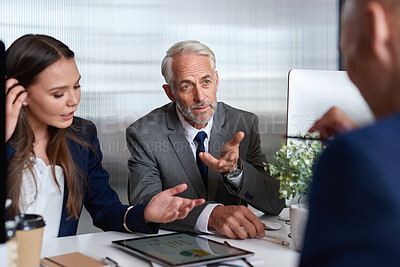 Buy stock photo Tablet, meeting and business people in office with graphs for financial review, proposal and investment plan. Corporate, team and workers on tech for budget report, statistics and finance growth