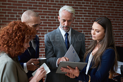 Buy stock photo Team, tablet and business people with manager in lobby for meeting, finance report and project update. Corporate, office and workers on tech for online proposal, budget planning or financial review