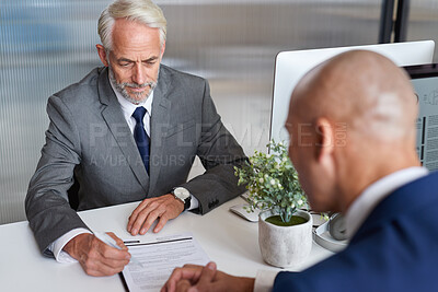 Buy stock photo Men, documents or consultation in office, financial advisor or signature for investment deal. People, investor or employee in meeting, client or paperwork for savings, explain or contract for trading