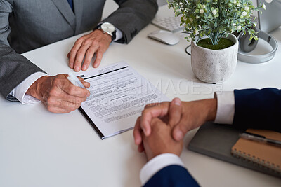 Buy stock photo Hands, documents or men in office, financial advisor or signature for investment deal. People, investor or employee in meeting, client or paperwork for savings, conversation or contract for trading
