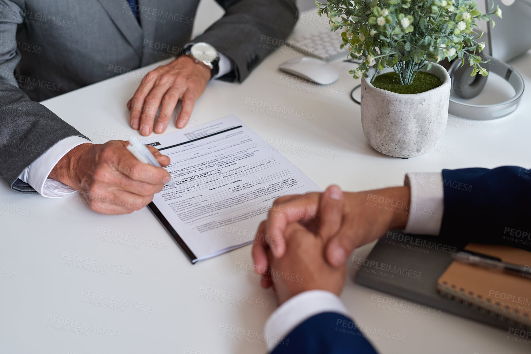 Buy stock photo Hands, documents or men in office, financial advisor or signature for investment deal. People, investor or employee in meeting, client or paperwork for savings, conversation or contract for trading
