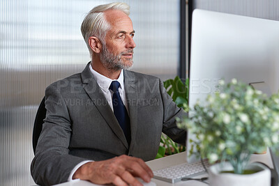 Buy stock photo Business, investor or man in office, computer for economy option or investment strategy. Mature person, employee or financial advisor in workplace, pc or email for trading opportunity or website info