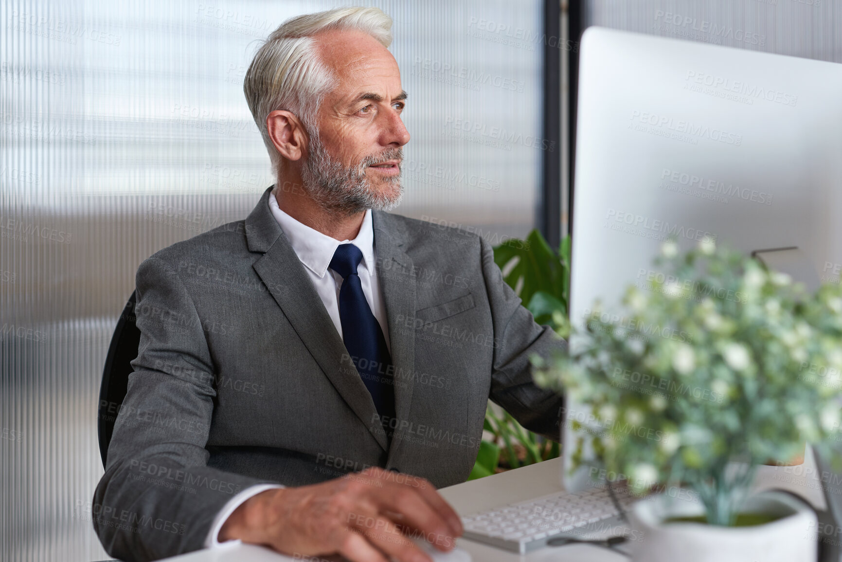 Buy stock photo Business, investor or man in office, computer for economy option or investment strategy. Mature person, employee or financial advisor in workplace, pc or email for trading opportunity or website info