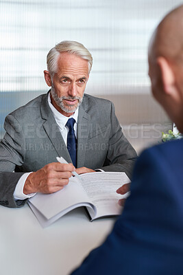 Buy stock photo Men, paperwork or consultation in office, financial advisor or signature for investment deal. Mature person, investor or employee in meeting, client or documents for savings, explain or contract