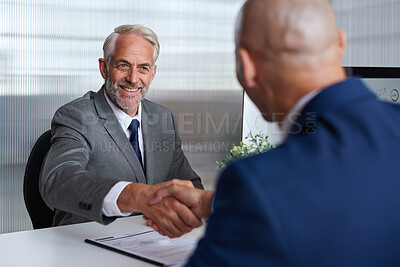 Buy stock photo Investor, handshake and men in office, computer for investment deal and thank you. People, stock market growth and financial advisor in meeting, shaking hands and agreement for trading opportunity