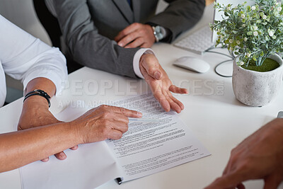 Buy stock photo Hands, investor and business people in meeting, documents for agreement and investment deal. Group, employees or financial advisor in office, planning for partnership or feedback for trading contract