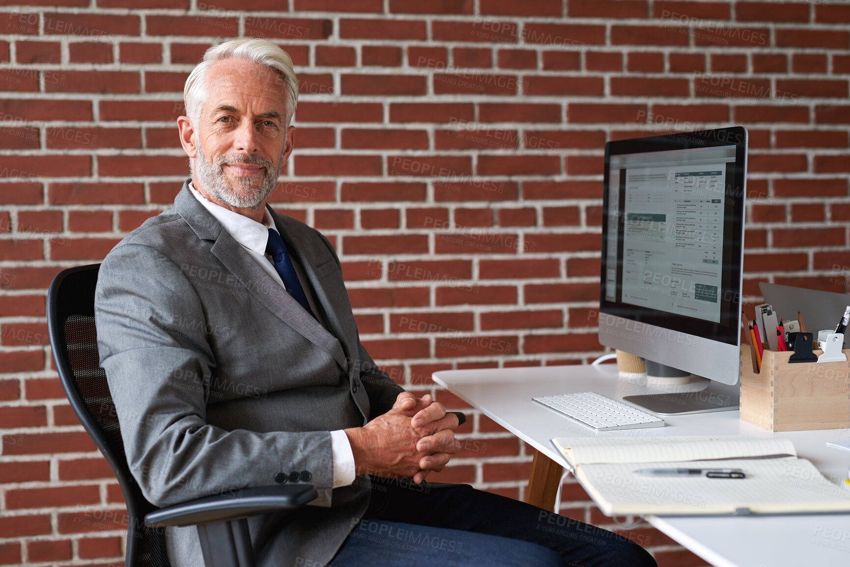 Buy stock photo Portrait, financial advisor and man in workplace, computer for investment deal and email for contract. Mature person, investor or employee in office, pc for trading opportunity or website information