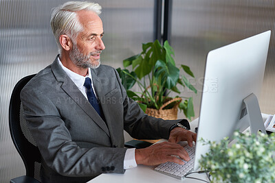 Buy stock photo Business, lawyer and man in office, computer or research for legal case, corporate policy or website info. Mature person, employee or attorney in workplace, pc or email for justice review or typing