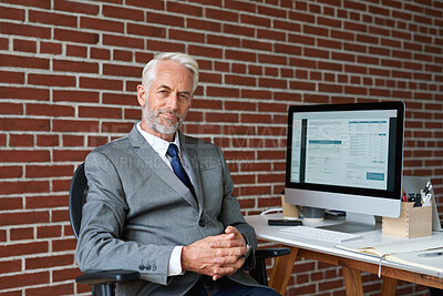 Buy stock photo Portrait, investor and man in office, computer for investment deal and email for contract. Mature person, financial advisor and consultant in workplace, pc for trading opportunity or career ambition