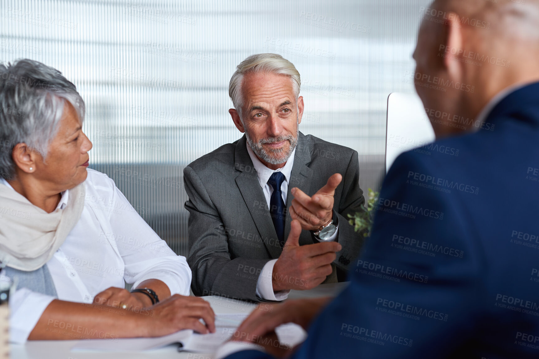 Buy stock photo Talking, investor or business people in office, meeting for agreement or investment deal. Group, employees or financial advisor in workplace, planning for partnership or feedback for trading contract