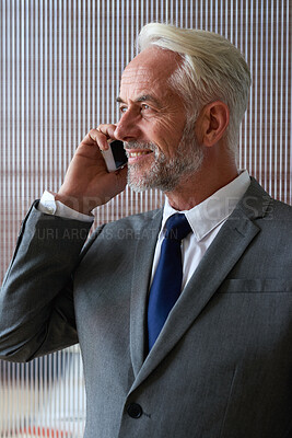 Buy stock photo Phone call, happy and mature businessman in office for consulting, discussion and contact for feedback. Corporate, smile and person on smartphone for conversation, communication and finance deal