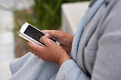 Buy stock photo Business, hands and woman in city, smartphone for communication and digital app for social media. Outdoor, person and employee with cellphone, mobile user and message to contact, texting and email
