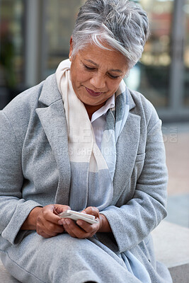 Buy stock photo City, businesswoman and texting with smartphone on break, app and communication with contact on web. Outdoor, entrepreneur and mature person with mobile for message, online and investment updates