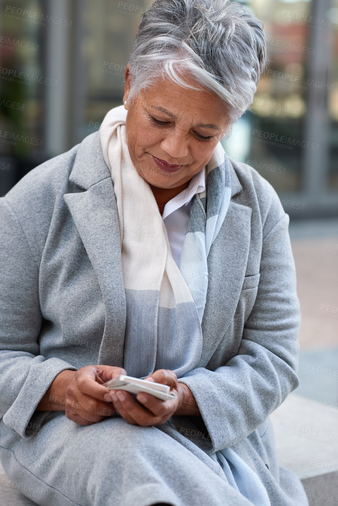 Buy stock photo City, businesswoman and texting with smartphone on break, app and communication with contact on web. Outdoor, entrepreneur and mature person with mobile for message, online and investment updates