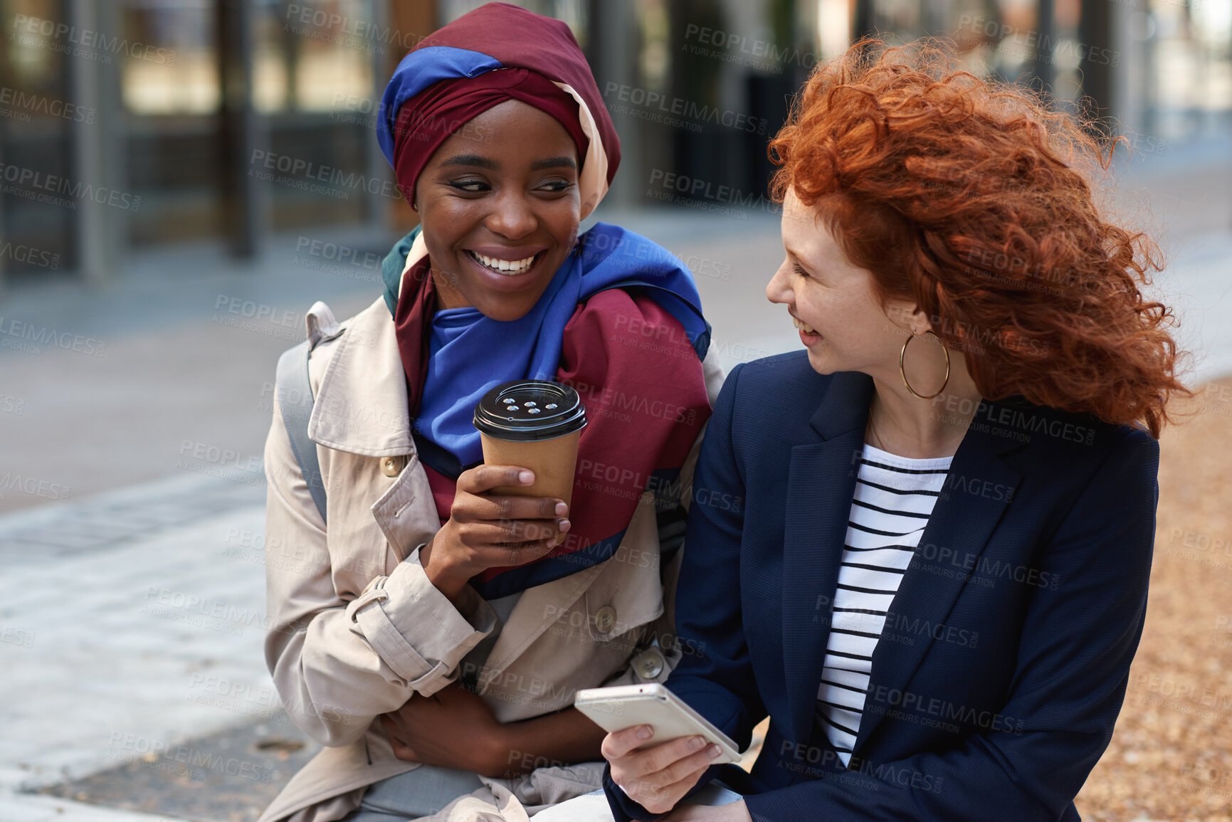 Buy stock photo Business, internet and women in city, smartphone for social media and break with communication. Outdoor, employees and people with conversation, friends and cellphone for website info and happiness